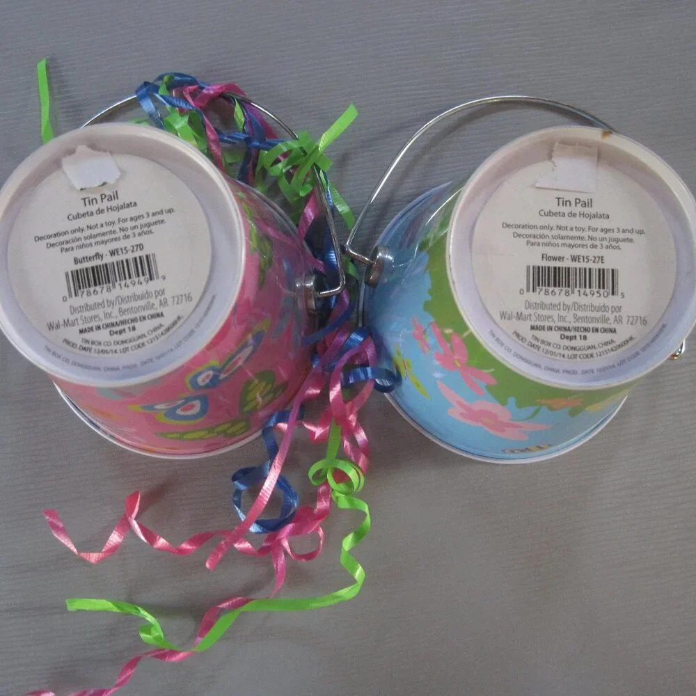 Set of 2 Tin Pails ~ 4.5 in ~ Pink with Butterflies and Blue with Flowers